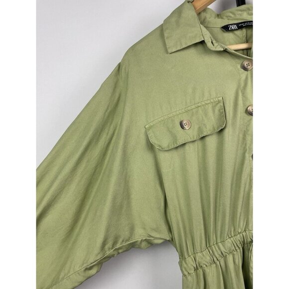 Zara Green 100% Lyocell Long Balloon Sleeve Cinched Waist Mini Dress Size XS - Picture 5 of 11